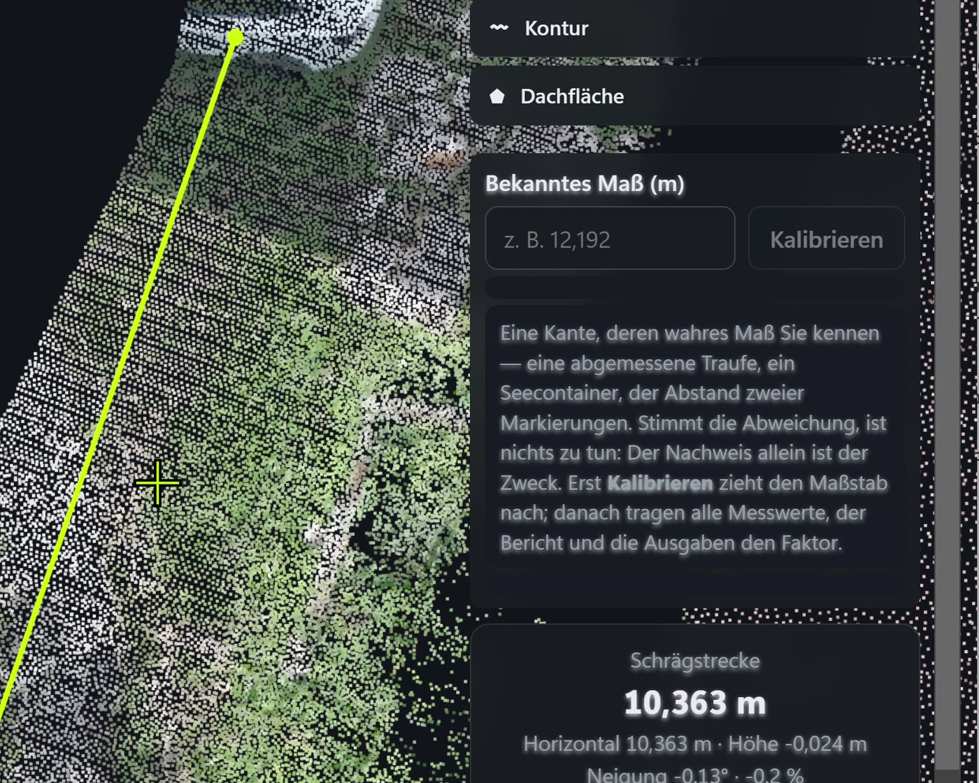 Werkzeug Prüfen und Kalibrieren: Eingabefeld für ein bekanntes Maß, darunter die gemessene Schrägstrecke 10,363 m.